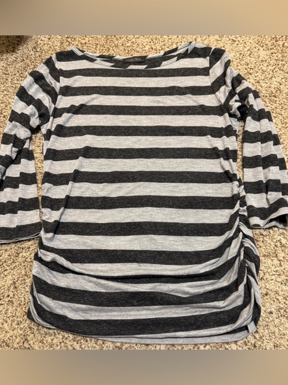 Emily Blu Black Grey  Long Sleeve Striped Side Ruched Tee Black Gray Size L